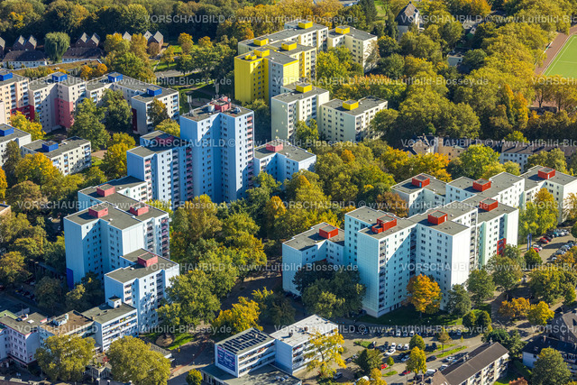 Dortmund221000063 | Luftbild, Hochhäuser, Wohnsiedlung Clarenberg, farbige Fassaden, Hörde, Dortmund, Ruhrgebiet, Nordrhein-Westfalen, Deutschland