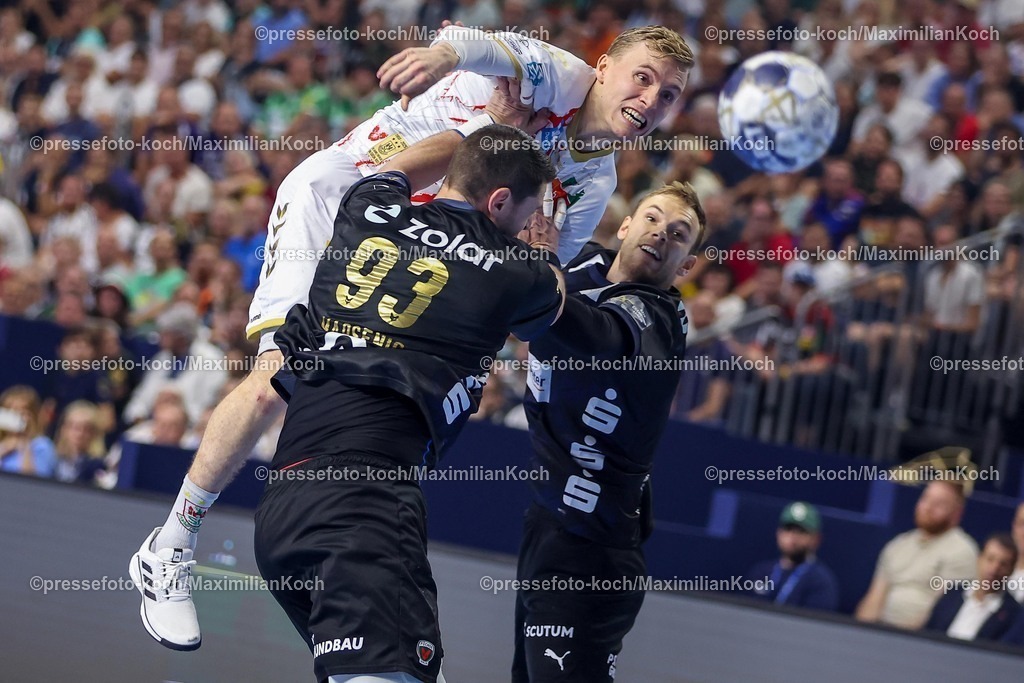 KoeEHF15062502003 | 15.06.2025, Handball, Finale TruckScout24 EHF FINAL4, LANXESS arena Köln, Füchse Berlin - SC Magdeburg: Gisli Kristjansson (Magdeburg #10) gegen Mijajlo Marsenic  (Fuechse Berlin #93) 