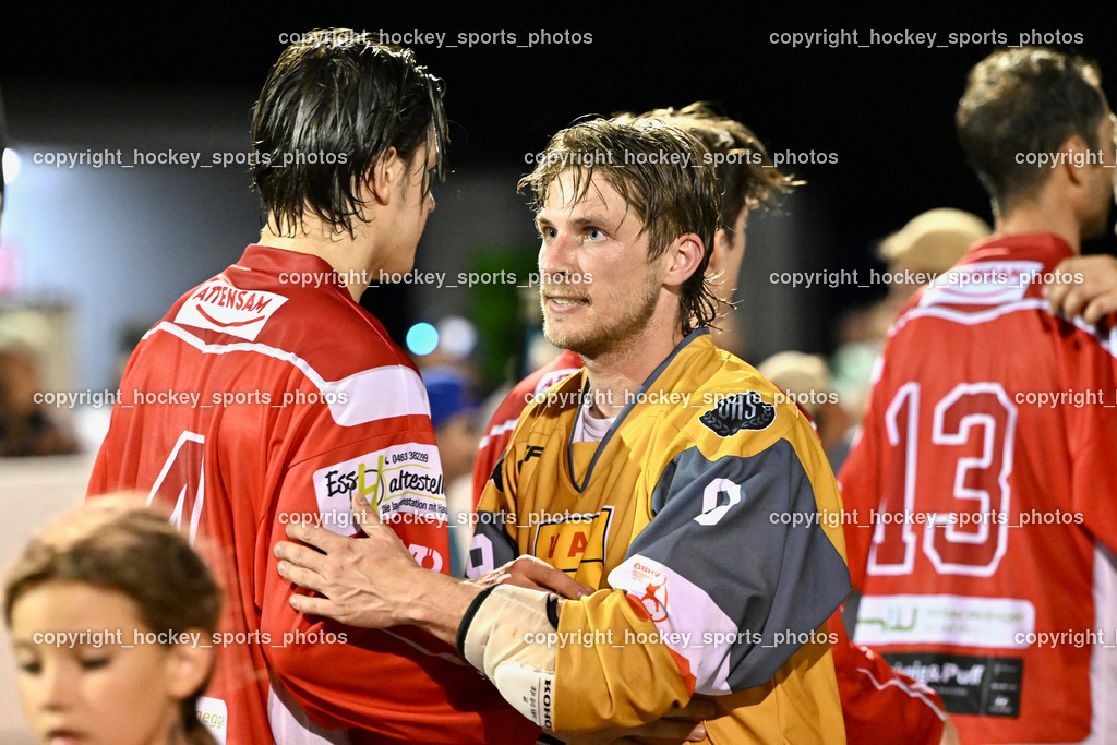 VAS Ballhockey Villach vs. HSC Eagles Poggersdorf | #4 Kramer Marco, #9 Krumpl Rene, VAS Ballhockey Villach vs. HSC Eagles Poggersdorf, VAS Ballhockey Villach vs. HSC Eagles Poggersdorf am 26.07.2024 in Villach (Alpen Arena ), Austria, (Photo by Bernd Stefan)