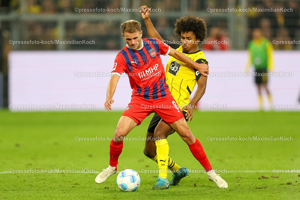 BVB13092401069 | 13.09.2024, 1. Fußball Bundesliga, Borussia Dortmund - 1. FC Heidenheim 1846, Signal Iduna Park, Saison 2024 2025: Zweikampf Leo Scienza (Heidenheim #8) gegen Karim Adeyemi (BVB #27)DFB regulations prohibit any use of photographs as image sequences and or quasi-video.