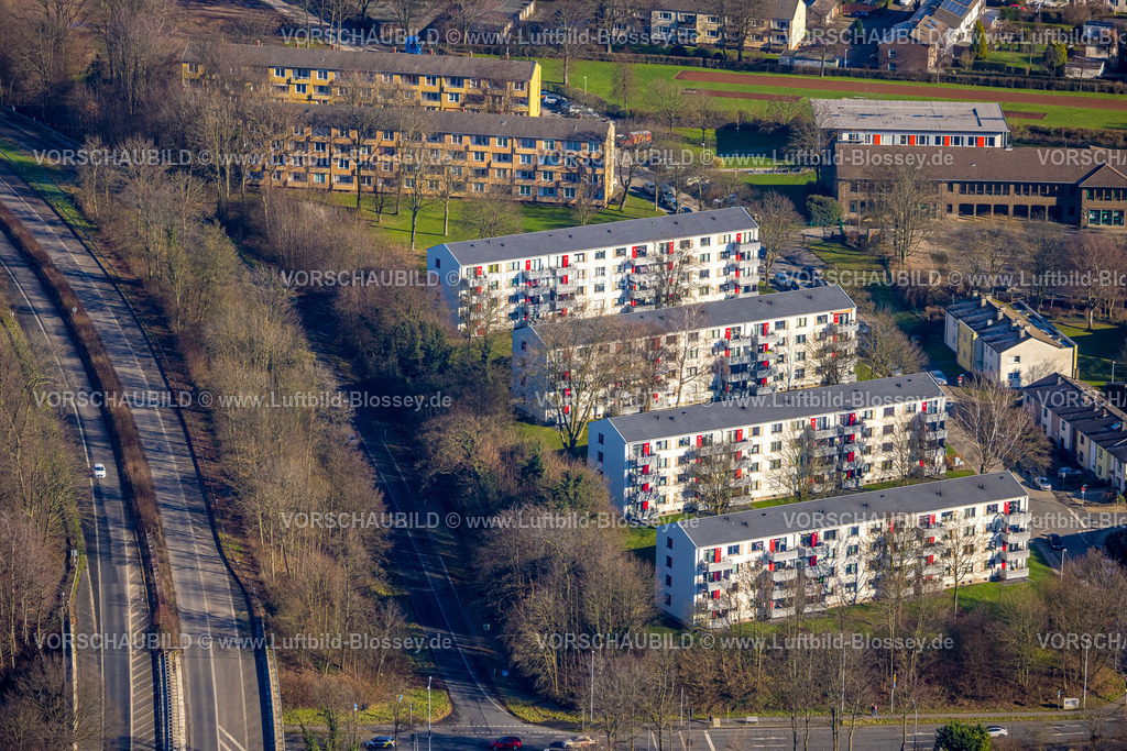 Muelheim230201058 | Luftbild, Wohnhäuser Reihenhäuser an der Eichbaumsiedlung, Filchnerstraße, Autobahn A40, Heißen - Süd, Mülheim an der Ruhr, Ruhrgebiet, Nordrhein-Westfalen, Deutschland