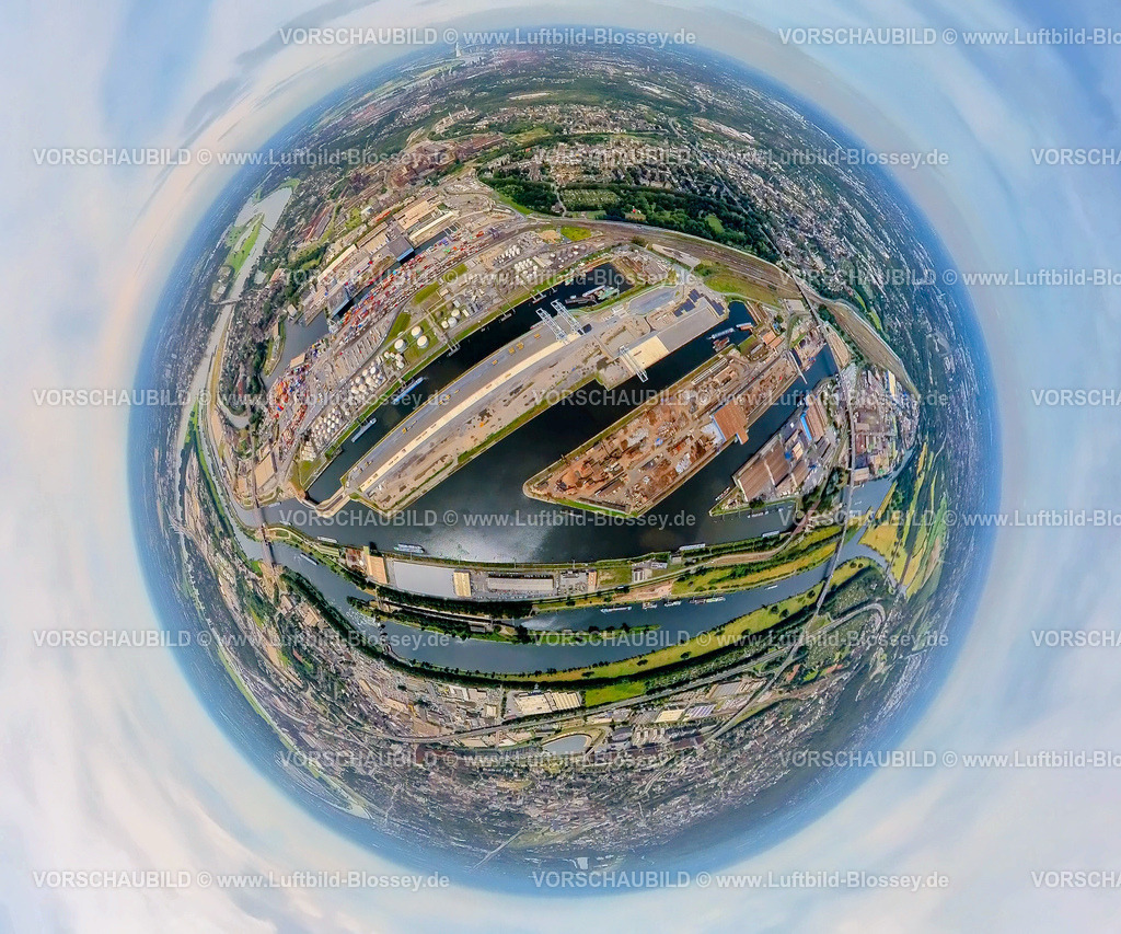 Duisburg240790008Duisport | Luftbild, duisport Hafen Duisburg mit Ölinsel, Kohleninsel und Schrottinsel, Hafenkanal und Fluss Ruhr mit Ruhrschleuse Duisburg, Autobahn A59 und Autobahnkreuz Duisburg mit Autobahn A40, Erdkugel, Fisheye Aufnahme, Fischaugen Aufnahme, 360 Grad Aufnahme, tiny world, little planet, fisheye Bild, Ruhrort, Duisburg, Ruhrgebiet, Nordrhein-Westfalen, Deutschland