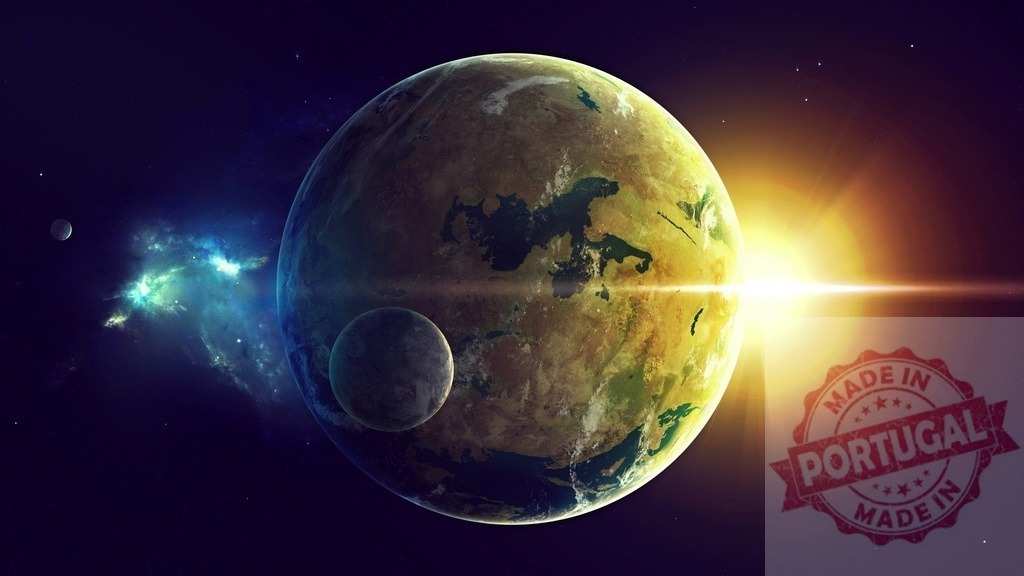 Exoplanet globe orbiting star with moon and nebula | Earth-like exoplanet with smaller moon orbiting a star, light creating lens flare - Realisiert mit Pictrs.com