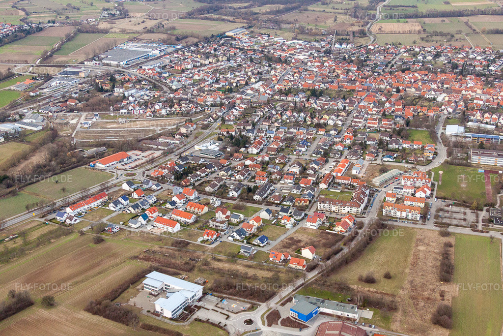Luftbild: Ortsansicht der Straßen und Häuser der Wohngebiete im Ortsteil Bad Mingolsheim in Bad Schönborn im Bundesland Baden-Württemberg in Deutschland. Foto: IMG_24722.jpg vom 27.02.2010 durch Werner Riehm/FLY-FOTO.de