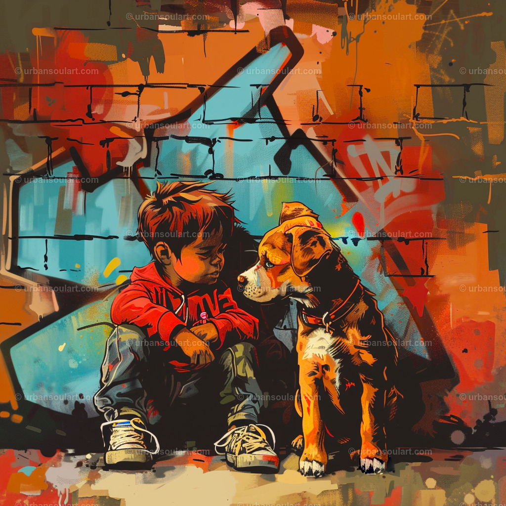 Little Boy With His Dog | A heartwarming image of a young boy sitting beside his loyal dog against a graffiti backdrop. Great for pet lovers and spaces that celebrate friendship and companionship. - Realisiert mit Pictrs.com