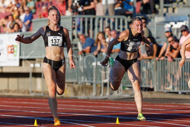 PUMA Fast Arms, Fast Legs; Wetzlar, 10.07.2026 | WETZLAR, GERMANY - JULY 10, 2026 : Laura Mier (Sprintteam Wetzlar), Charlotte Riedel (SC DHfK Leipzig), competing in the 100m B-final during the athletics meeting PUMA Fast Arms, Fast Legs at Stadion Wetzlar on July 10, 2026 in Wetzlar, Germany.