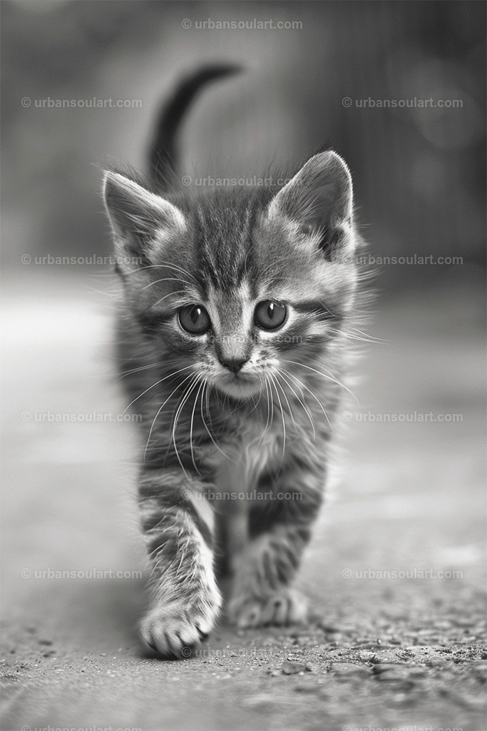 Kitten Walking | This charming black-and-white image of a kitten walking confidently towards the camera is both adorable and elegant. It’s an ideal choice for cat lovers, adding a timeless and classic touch to any interior. - Realisiert mit Pictrs.com