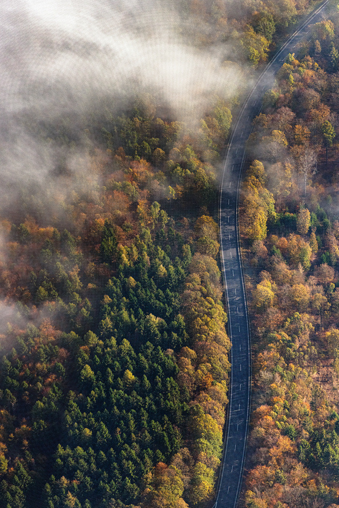 dr__0040376.jpg | HAINA (KLOSTER) 31.10.2019 Herbstliche verfärbte Vegetationsansicht Wetterlage mit schichtartiger Nebel- Bedeckung über einem Wald mit einem kurvigen Straßenverlauf in Haina (Kloster) im Bundesland Hessen, Deutschland. // Autumnal discolored vegetation view weather with layered fog cover ueber einem Wald with einem kurvigen Strassenverlauf in Haina (Kloster) in the state Hesse, Germany. Foto: Daniel Reiter