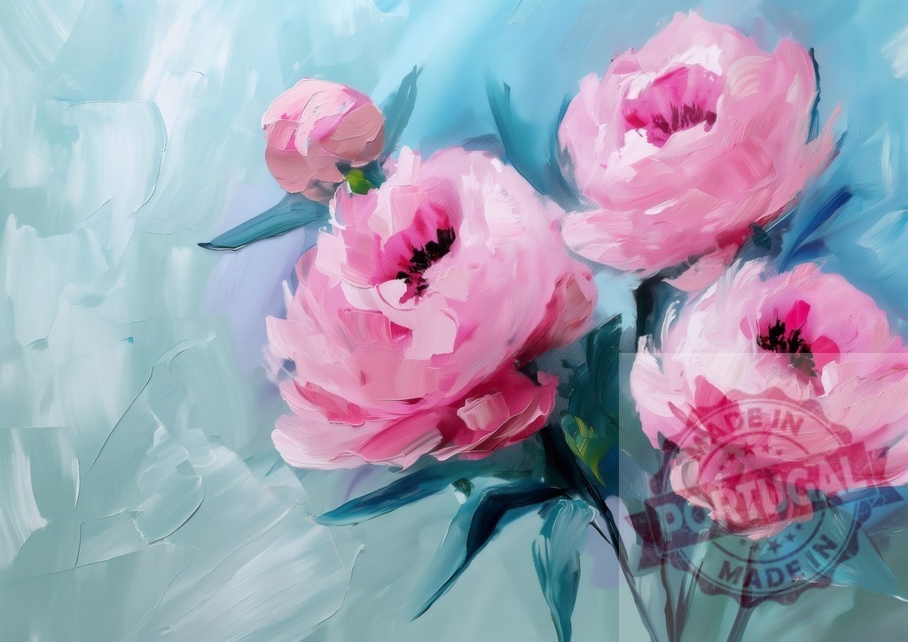Pink peonies oil painting with impasto brushstrokes | Pink peonies blooming on a light blue background using an impasto oil painting technique - Realisiert mit Pictrs.com