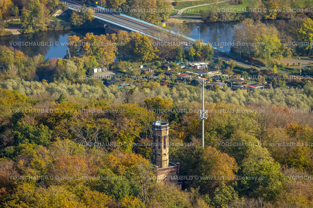 Hagen221015350 | Luftbild, Freiherr-vom-Stein-Turm auf dem Kaisberg, Herbstwald, Vorhalle, Hagen, Ruhrgebiet, Nordrhein-Westfalen, Deutschland