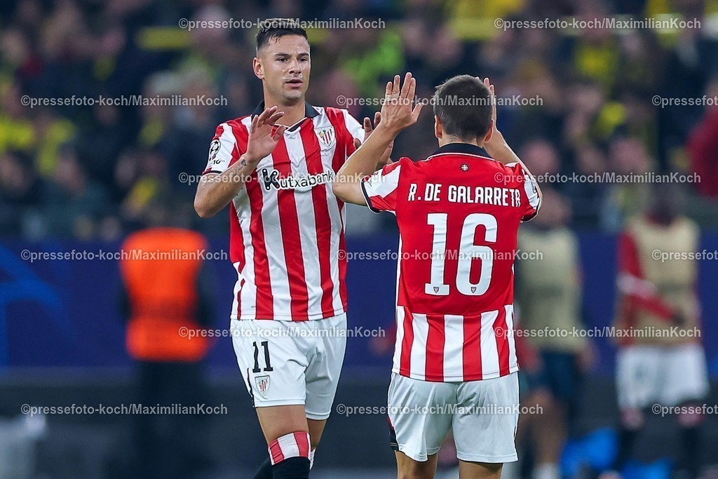 UCL01102501100 | 01.10.2025, Fußball, UEFA Champions League, Borussia Dortmund - Athletic Club Bilbao, BVB Stadion, 2. Spieltag, Saison 2025 2026: Torjubel nach dem Tor zum 1:2 durch Torschütze Gorka Guruzeta (Bilbao #11)  zusammen mit  Inigo Ruiz de Galarreta (Bilbao #16) Regulations prohibit any use of photographs as image sequences and or quasi-video.