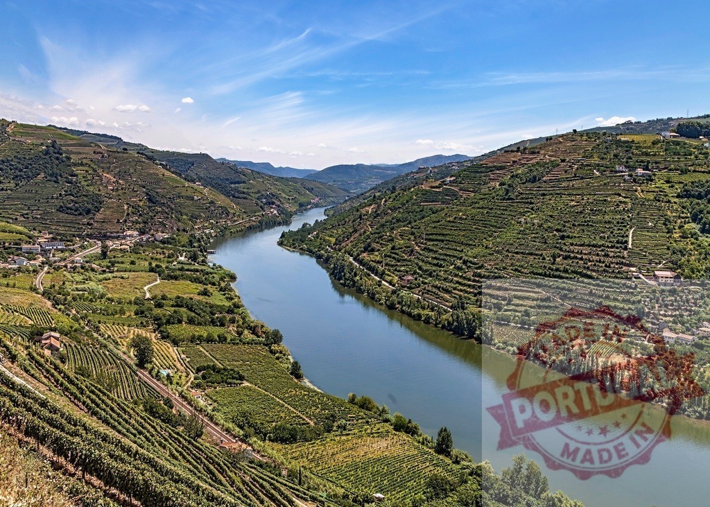 Douro River flowing through terraced Douro Valley vineyards | Douro River winding through terraced hillsides filled with vineyards under a blue sky - Realisiert mit Pictrs.com