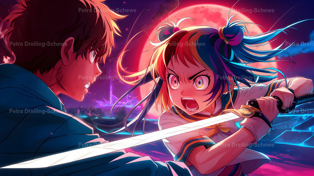 Anime Kämpfer - Download | AI-generierte Kampfszene im Anime-Stil.  Download.Kopien, Weitergabe an Dritte oder Verkauf der Datei ist untersagt. - Realisiert mit Pictrs.com