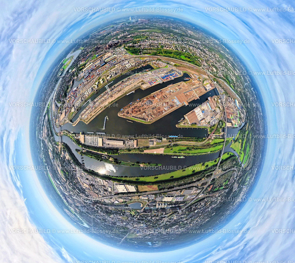 Duisburg250903948(2) | Luftbild, Hafen Duisburg-Ruhrort mit Ölinsel, Kohleninsel und Schrottinsel, Autobahn A59, Fluss Ruhr und Rhein-Herne-Kanal, Erdkugel, Fisheye Aufnahme, Fischaugen Aufnahme, 360 Grad Aufnahme, tiny world, little planet, fisheye Bild, Ruhrort, Duisburg, Ruhrgebiet, Nordrhein-Westfalen, Deutschland