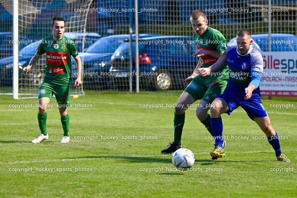 Dellach Gail vs. Rapid Lienz | #12 Manuel Amoser Rapid Lienz, #14 Michael Johann Niedrist Rapid Lienz, #8 Silvio Mandl Dellach Gail, Dellach Gail vs. Rapid Lienz, Dellach Gail vs. Rapid Lienz am 26.04.2024 in Dellach (Sportplatz Dellach Gail), Austria, (Photo by Bernd Stefan)