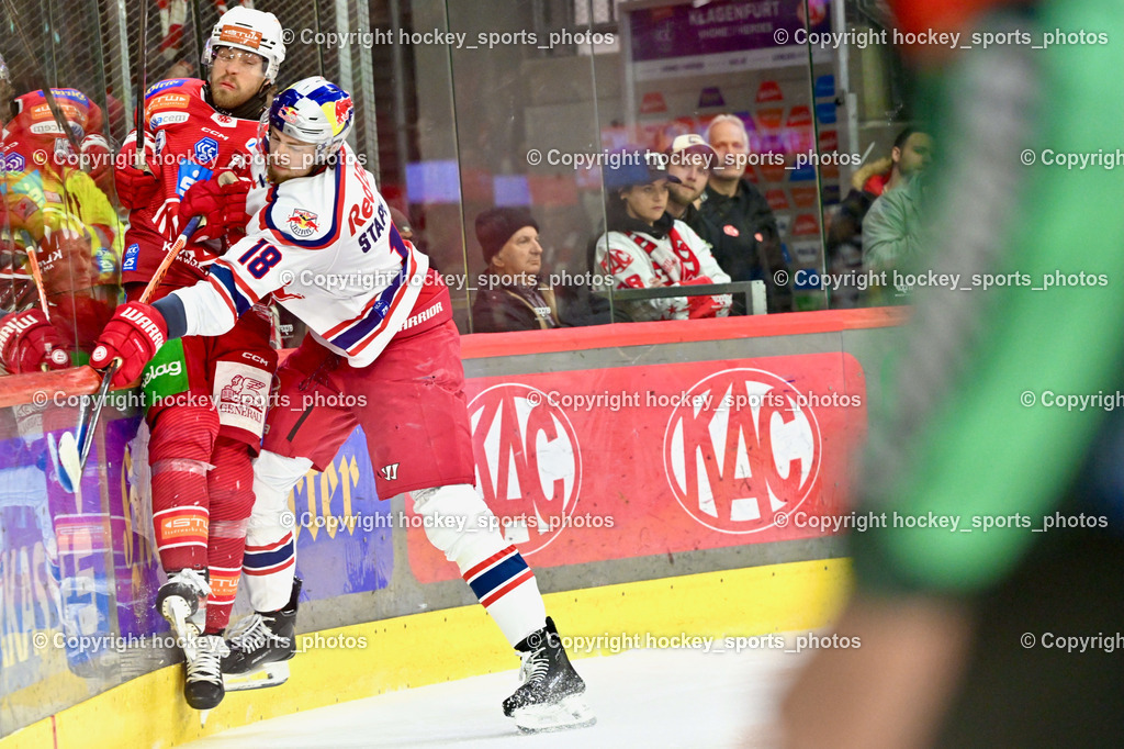 EC KAC vs. EC Red Bull Salzburb | #27 Hundertpfund Thomas EC KAC, #18 Stapelfeldt Paul EC RED BULL SALZBURG,  EC KAC vs. EC Red Bull Salzburb, EC KAC vs. EC Red Bull Salzburb am 04.04.2025 in Klagenfurt (Heidi Horten Arena), Austria, (Photo by Bernd Stefan)