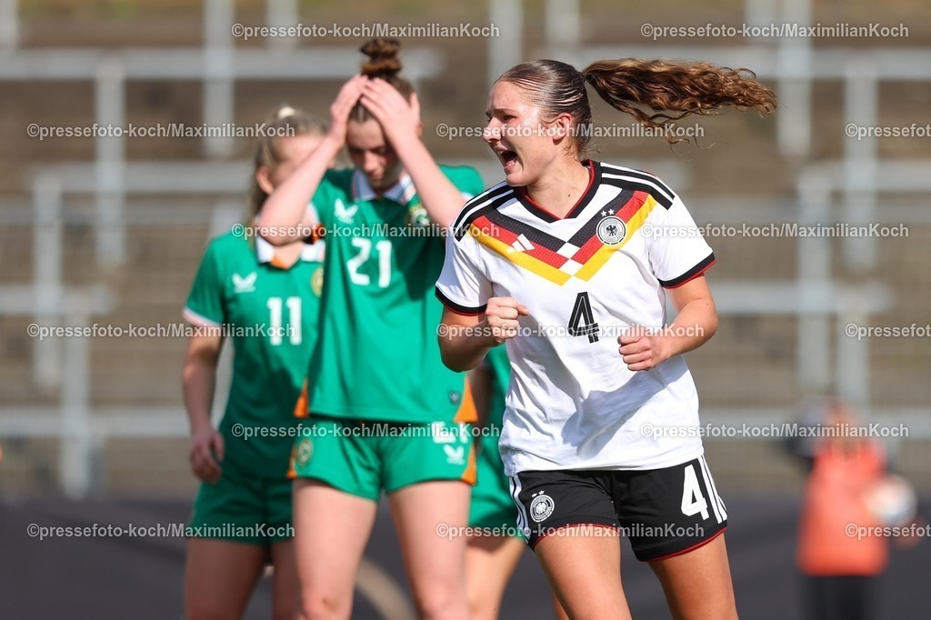 xKWIx10042601061 | 2026.04.10, xkwix, Fußball, UEFA Women's UNDER 19 Championship qualification, Republic of Ireland - Germany, Uhlenkrugstadion, Runde 2 1.Spieltag, Saison 2025 / 2026: Jubel von Lina Szaraz (Deutschland U19 Frauen #4) beim Tor zum 2:0 durch Lany Baecker (Deutschland U19 Frauen #13) DFB regulations prohibit any use of photographs as image sequences and or quasi-video. Photo: xKamilxWilkowskixPressefotoKochx