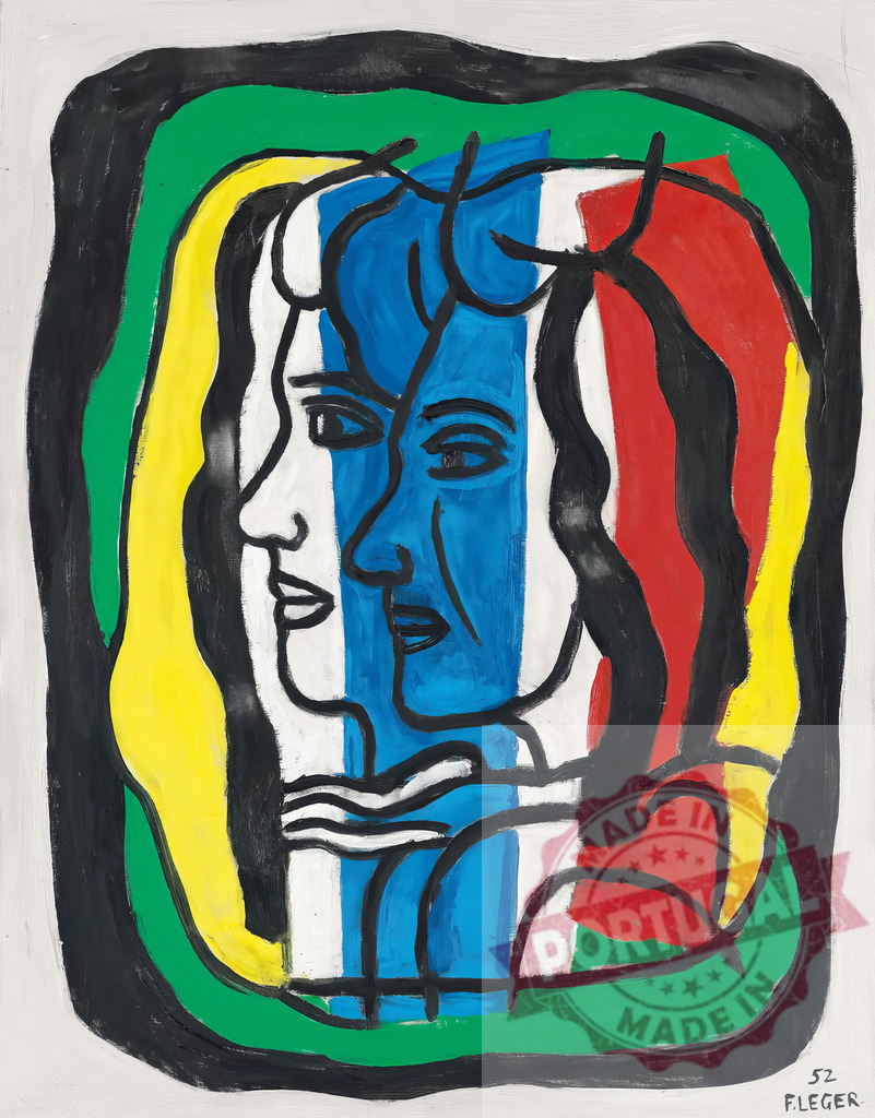 Fernand Léger style painting featuring two abstract women profiles | Fernand Leger Abstract painting showing two women in profile with strong outlines and bold primary colors - Realisiert mit Pictrs.com
