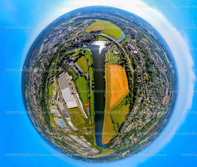 Hattingen240890620Ruhr | Luftbild, Fluss Ruhr und Ruhrbrücke mit Campingplatz, links der Gewerbepark und Landschaftspark Henrichshütte, Erdkugel, Fisheye Aufnahme, Fischaugen Aufnahme, 360 Grad Aufnahme, tiny world, little planet, fisheye Bild, , Hattingen, Ruhrgebiet, Nordrhein-Westfalen, Deutschland