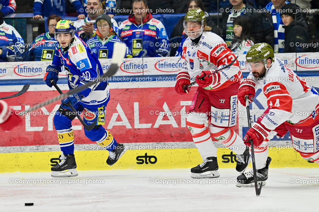 EC IDM Wärmepumpen VSV vs. HCB Südtirol Alperia | #40 Elias Wallenta EC VSV, #73 Philip Samuelsson HCB Südtirol Alperia, #44 Scott Valentine HCB Südtirol Alperia, EC IDM Wärmepumpen VSV vs. HCB Südtirol Alperia, EC IDM Wärmepumpen VSV vs. HCB Südtirol Alperia am 28.12.2025 in Villach (Stadthalle Villach), Austria, (Photo by Bernd Stefan)