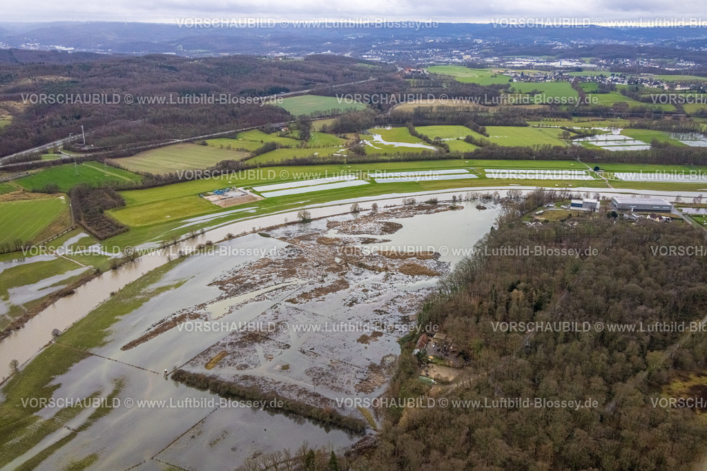 Schwerte231201483 | Luftbild, Ruhrhochwasser, Weihnachtshochwasser 2023, Fluss Ruhr tritt nach starken Regenfällen über die Ufer, Überschwemmungsgebiet Vogelbeobachtungsgebiet Röllingwiese, Westhofen, Schwerte, Ruhrgebiet, Nordrhein-Westfalen, Deutschland