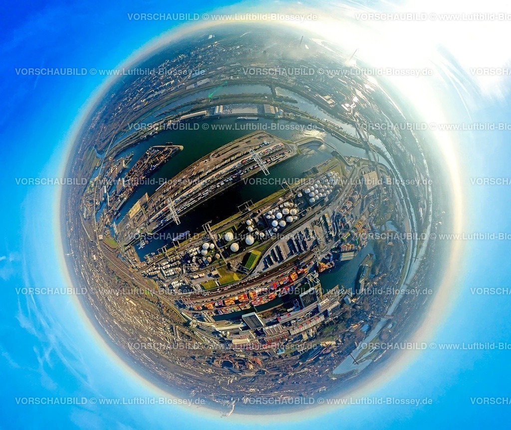 Duisburg241290127DuisportHafen_DGT_DuisburgGatewayTerminalTOPAZ | Luftbild, Duisburg Hafen duisport mit Duisburg Gateway Terminal (DGT) Containerterminal, zwischen Ölinsel und Schrottinsel, Erdkugel, Fisheye Aufnahme, Fischaugen Aufnahme, 360 Grad Aufnahme, tiny world, little planet, fisheye Bild, Ruhrort, Duisburg, Ruhrgebiet, Nordrhein-Westfalen, Deutschland