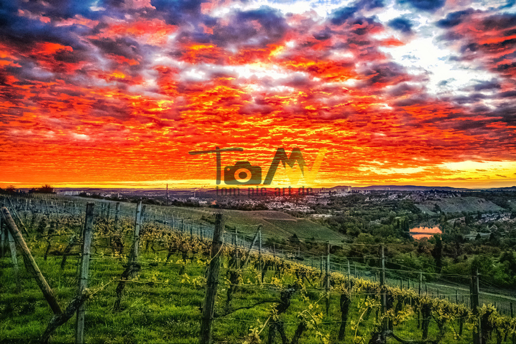 Sonnenaufgang über dem Stuttgarter Neckartal---Necker | Tolles Naturschauspiel am frühen morgen über den Weinbergen und das Neckartal von Stuttgart, führt zu diesen Sonnenaufgang.  - Realisiert mit Pictrs.com