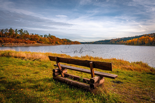 2025-11-01_10-18-41_780 | Holzbank mit Blick auf einen See, umgeben von bunten Herbstbäumen und leicht bewölktem Himmel, Zeulenrodaer Meer, Stelzendorf, Thüringen, Deutschland - Realisiert mit Pictrs.com