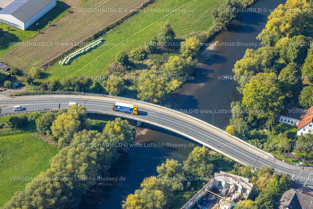 Froendenberg220901029 | Luftbild, Ruhrbrücke der Bundesstraße B233 über den Fluss Ruhr, Langschede, Fröndenberg/Ruhr, Ruhrgebiet, Nordrhein-Westfalen, Deutschland