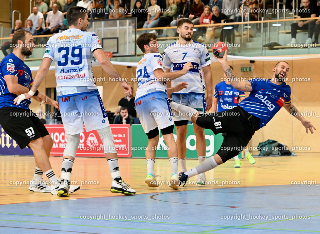 SC Ferlach vs. HC Linz AG 11.10.2023 | #57 LEBAN Patrik SC Ferlach, #39 HAMZIC Arnad HC LINZ, #24 JOVANOVIC Mladan SC Ferlach, #7 GRGIC Mislav HC LINZ, #81 MILICEVIC Adrian SC Ferlach, SC Ferlach vs. HC Linz AG 11.10.2023, SC Ferlach vs. HC Linz AG am 11.10.2023 in Ferlach (Ballspielhalle Ferlach), Austria, (Photo by Bernd Stefan)