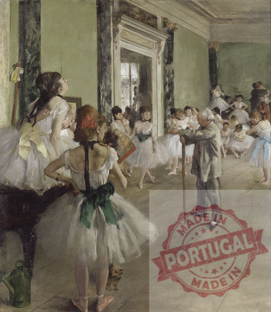 Edgar Degas Edgar Degas painting depicting a ballet dance class | Ballerinas gathering during a practice session, observed by an instructor in a large studio - Realisiert mit Pictrs.com