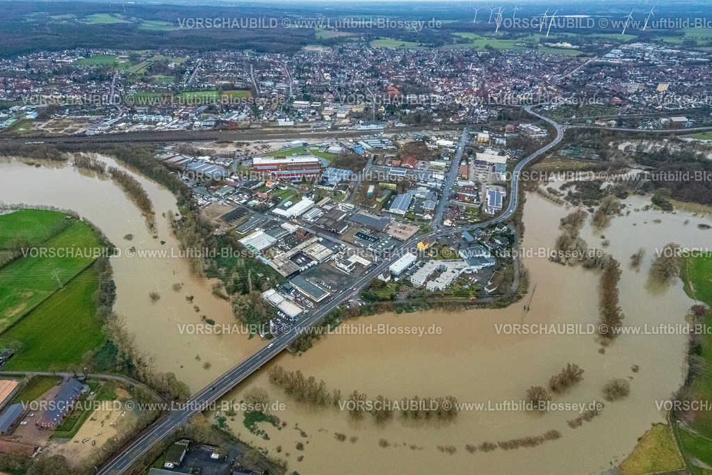 Haltern231204378Lippe | Luftbild vom Hochwasser der Lippe, Weihnachtshochwasser 2023, Fluss Lippe tritt nach starken Regenfällen über die Ufer, Überschwemmungsgebiet Gewerbegebiet Haltern-Süd Recklinghäuser Straße, Wesel-Datteln Kanalbrücke, Bossendorf, Haltern am See, Ruhrgebiet, Nordrhein-Westfalen, Deutschland