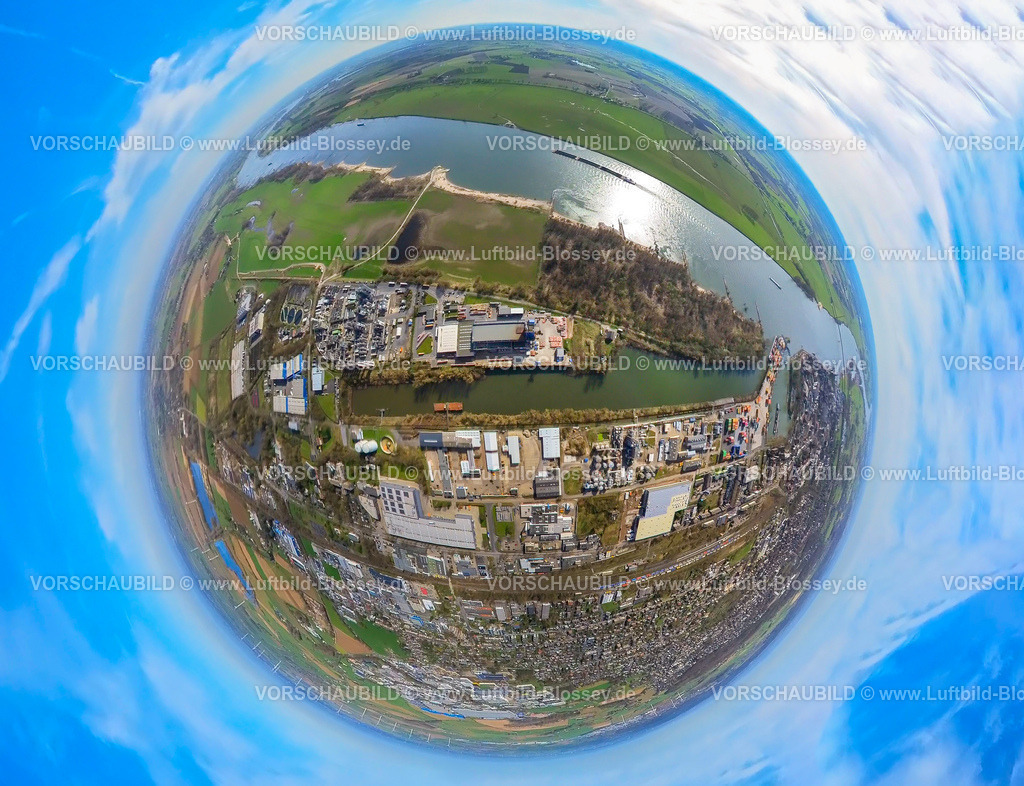 Emmerich240390139EmmericherHafen | Luftbild, Hafen Emmerich am Fluss Rhein, Gewerbegebiet, Erdkugel, Fisheye Aufnahme, Fischaugen Aufnahme, 360 Grad Aufnahme, tiny world, little planet, fisheye Bild, Emmerich, Emmerich am Rhein, Nordrhein-Westfalen, Deutschland