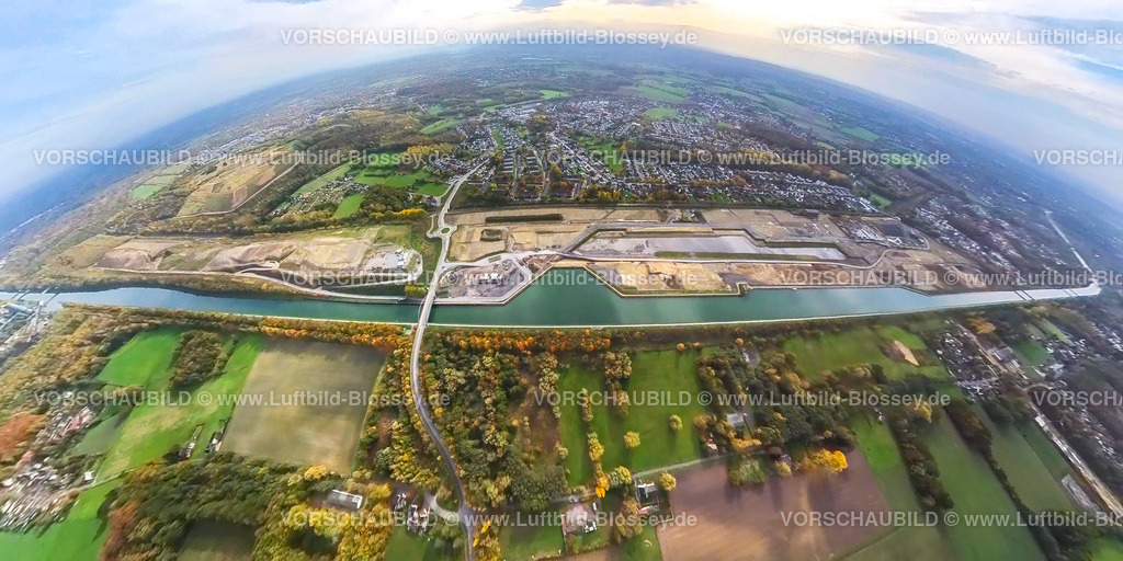 Bergkamen20221019_10_Aqua-Stadt | Luftbild, Wasserstadt Aden, Baugebiet für geplantes Stadtquartier, Aquastadt, Datteln-Hamm-Kanal, Fisheye Aufnahme, Fischaugen Aufnahme, 360 Grad Aufnahme, Oberaden, Bergkamen, Ruhrgebiet, Nordrhein-Westfalen, Deutschland