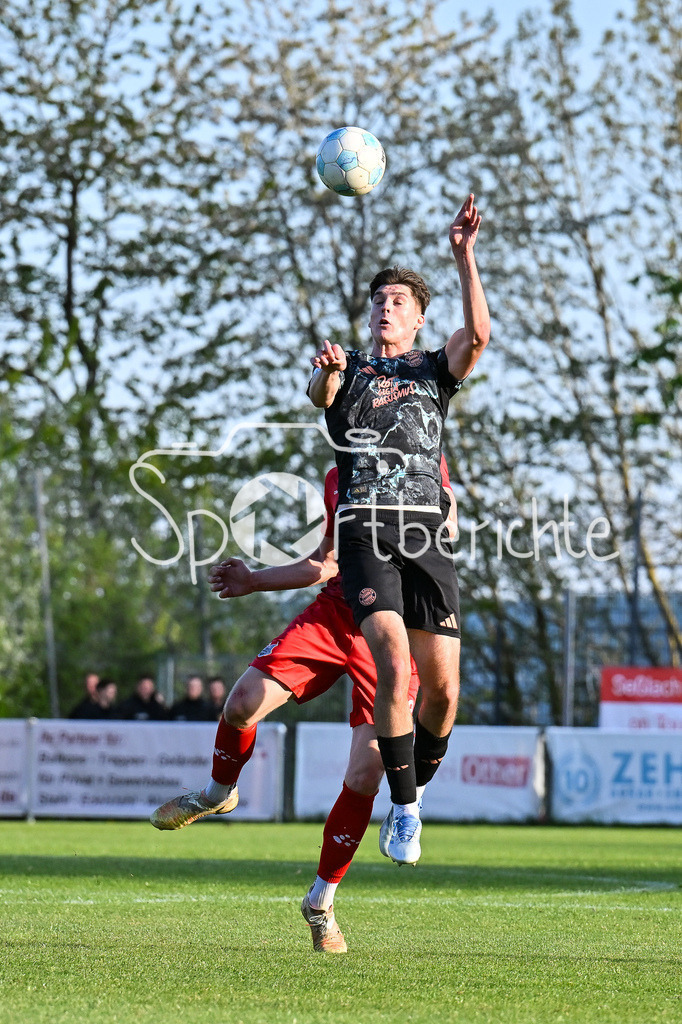 TSV Aubstadt - FC Bayern Amateure | im Luftduell Ljubo PULJIC (FC Bayern München II #5) und Marco NICKEL (TSV Aubstadt 29) / Zweikampf / Duell / Regionalliga Bayern: TSV Aubstadt - FC Bayern Muenchen II, NGN-Arena am 23.04.2025