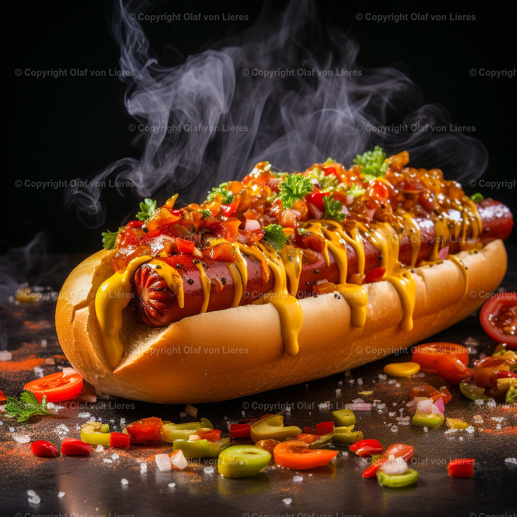 Dampfender Hotdog mit Zutaten | appetitlicher heißer Hotdog