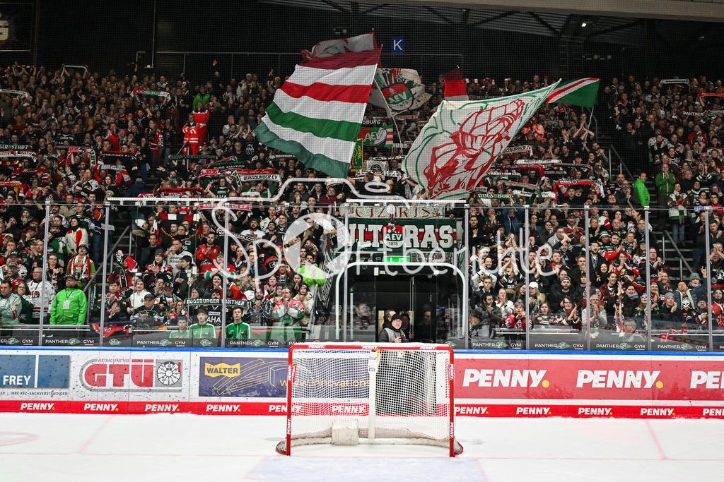 Augsburger Panther - Düsseldorfer EG | Die Fans der Ausburger Panther feiern zusammen mit der Mannschaft den wichtigen Heimsieg gegen Duesseldorf / DEL: Augsburger Panther - Duesseldorfer EG, Curt Frenzel Stadion am 04.03.2025