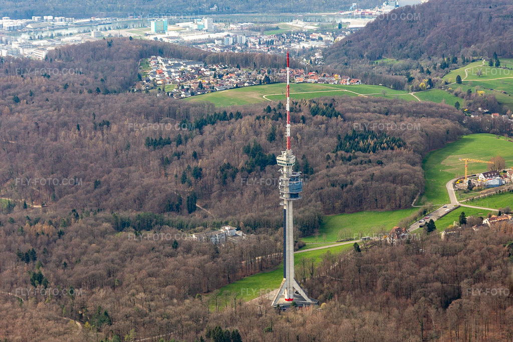 Aerial view: St. Chrischona TV Tower in Bettingen in the state Basel city, Switzerland. – Photo: IMG_120207.jpg taken on 03/17/2020 by Werner Riehm/FLY-FOTO.com – Resolution of the original: 5022 x 3348 px