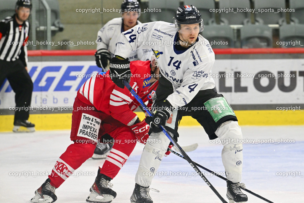 EC KAC Future Team vs. Die Adler Kitzbühl 7.10.2023 | #14 Niemelä Joonas Mikael EC Kitzbühel, , EC KAC Future Team vs. Die Adler Kitzbühl 7.10.2023, EC KAC Future Team vs. Die Adler Kitzbühl am 07.10.2023 in Klagenfurt (Messehalle Klagenfurt), Austria, (Photo by Bernd Stefan)
