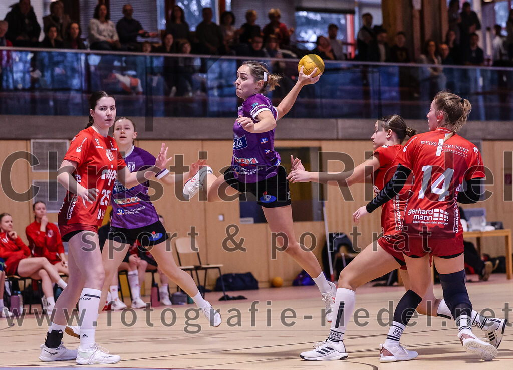 2025-02-22_094_SpVgg_Altenerding_gegen_TG_Landshut | Erding, Deutschland, 22.02.2025:Handball, Bezirksoberliga Frauen Altbayern 2024 / 2024, 15. Spieltag, SpVgg Altenerding gegen TG Landshut, Endergebnis: 25:22Carolin Kagerer (TG Landshut, #25), Sophie Lößl (SpVgg Altenerding, #14), Lena Prem (SpVgg Altenerding, #8), Isabella Gschossmann (TG Landshut, #14)Foto: Christian Riedel / fotografie-riedel.net