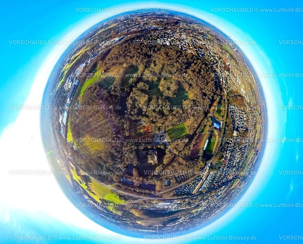 Gladbeck240190224ParkWittringen | Luftbild, Wasserschloss Wittringen, Schlosspark und Schlossteiche, Tennisplätze, Erdkugel, Fisheye Aufnahme, Fischaugen Aufnahme, 360 Grad Aufnahme, tiny world, little planet, fisheye Bild, Butendorf, Gladbeck, Ruhrgebiet, Nordrhein-Westfalen, Deutschland