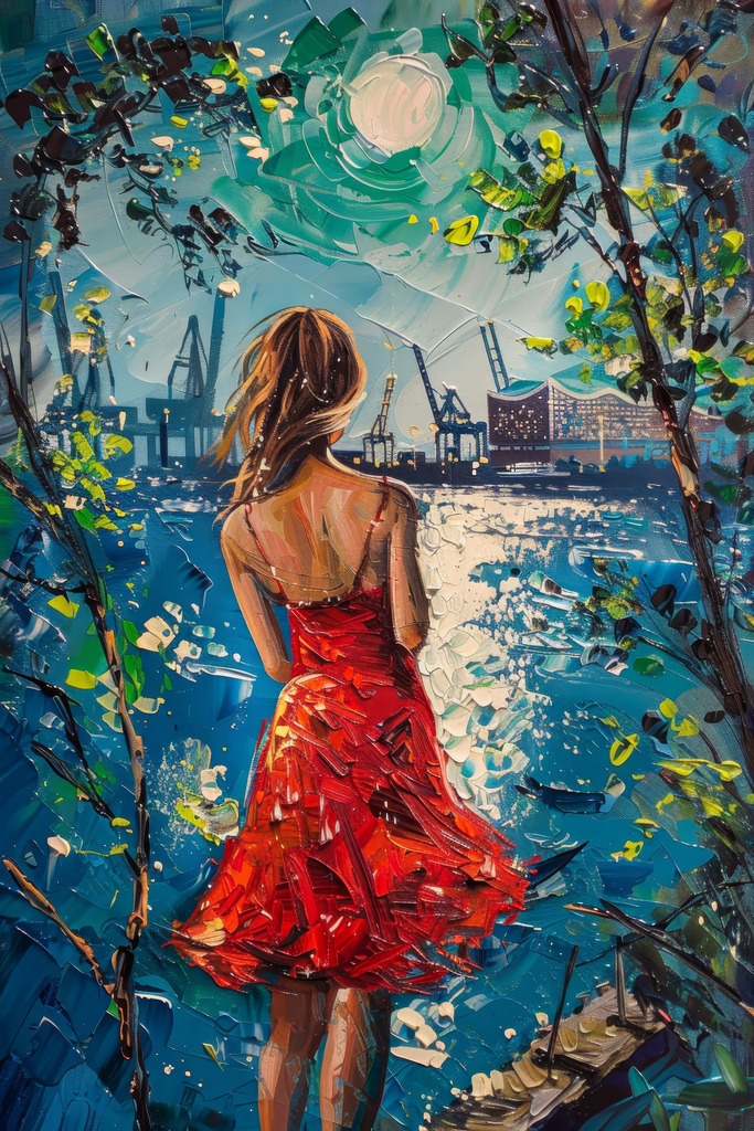 10240424 - Der Hafen, die Lichter, die Sehnsucht | Hamburger Hafen Motiv im Stil eines modernen Gemäldes.