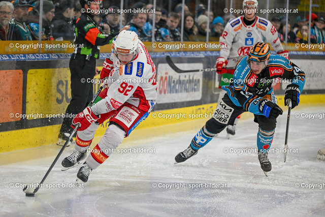 AUT, ICE, Black Wings Linz vs KAC | 16.02.2025, Eishalle Linz, AUT, ICE Eishockey Liga, Black Wings Linz vs KAC, im Bild Clemens Unterweger of EC KAC, Henrik Neubauer of Steinbach Black Wings Linz// ICE bet-at-home Hockey League Match between Black Wings Linz and KAC in Linz, Austria on 2025/02/25