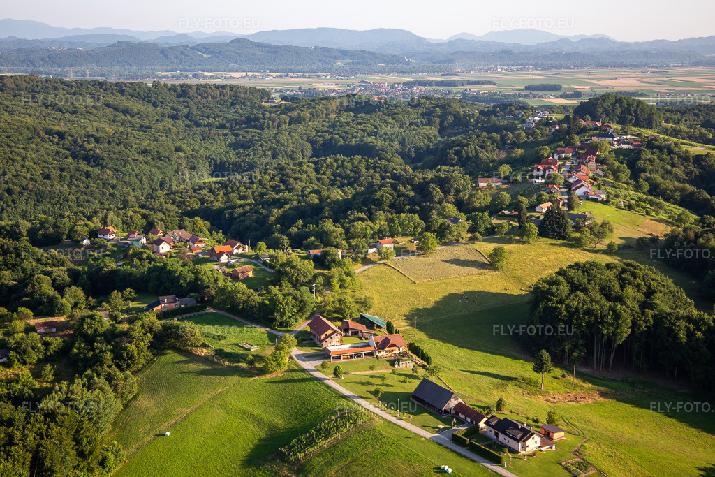 Vue aérienne: Vue de la ville à le quartier Prerad in Dornava dans le département Slovénie, Slovénie. Photo: IMG_137292.jpg prise le 08/07/2023 par Werner Riehm/FLY-FOTO.eu – Résolution de l'original: 5472 x 3648 px