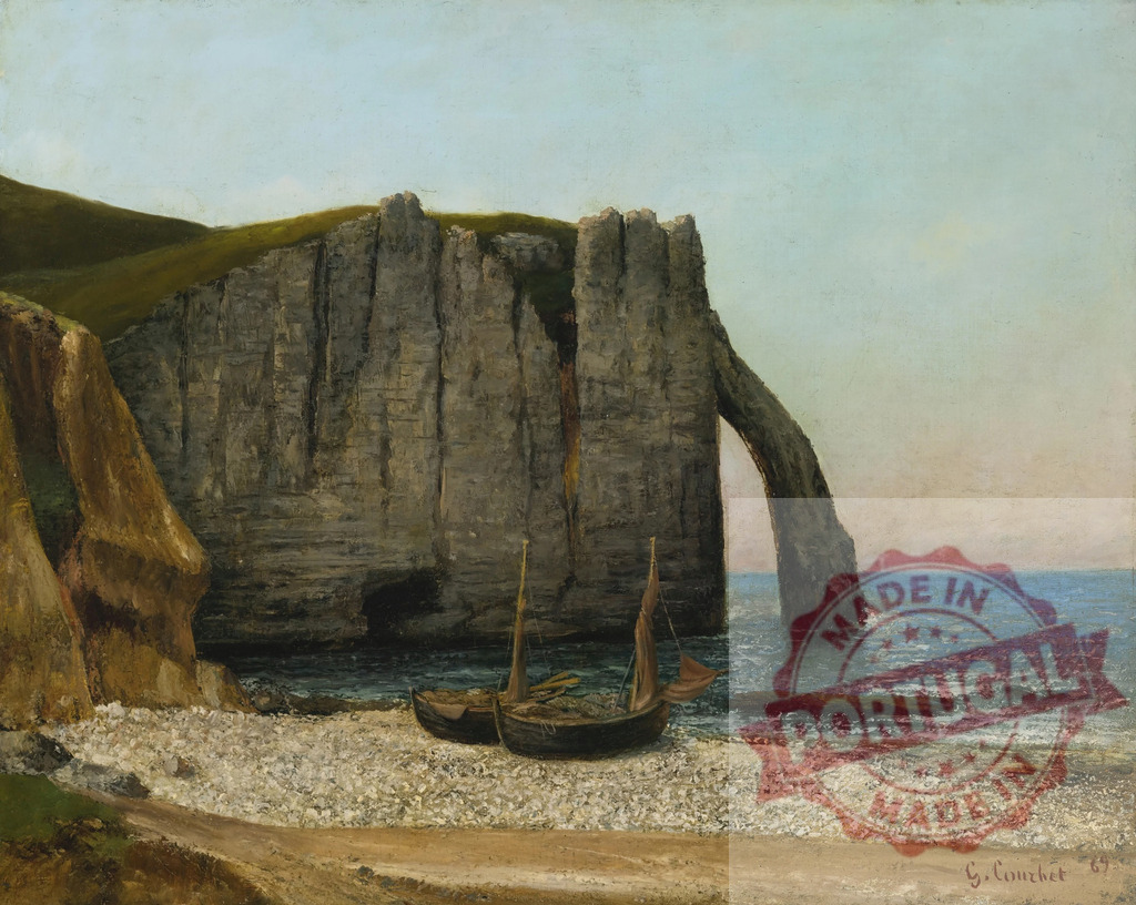 Gustave Courbet Gustave Courbet painting Étretat cliff boats beach | Gustave Courbet capturing Étretat landscape with dramatic cliffs, rocky beach, and fishing boats - Realized with Pictrs.com