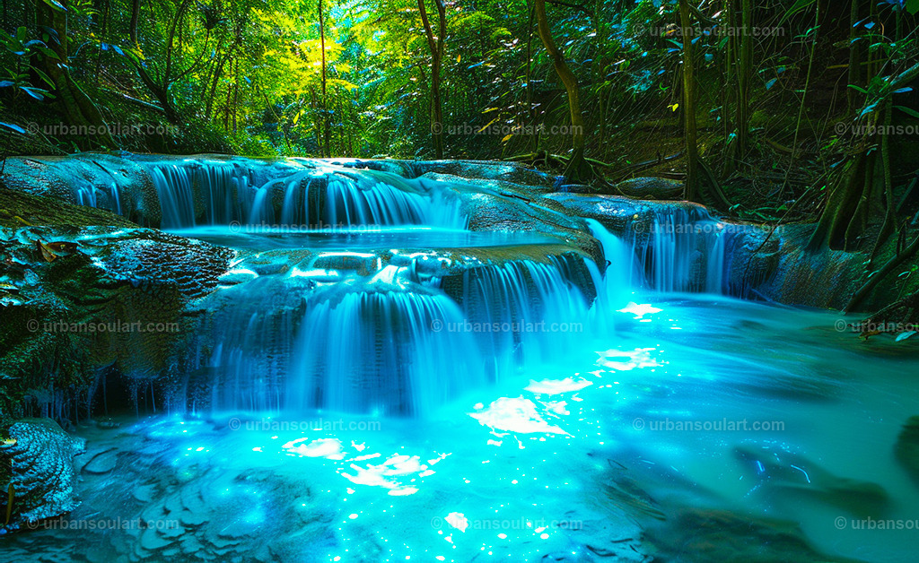 Waterfall In The Forest With Blue Glowing Water | A mystical waterfall in a lush forest, highlighted by a surreal blue glow in the water. Perfect for nature enthusiasts who love a touch of fantasy in their decor. - Realisiert mit Pictrs.com