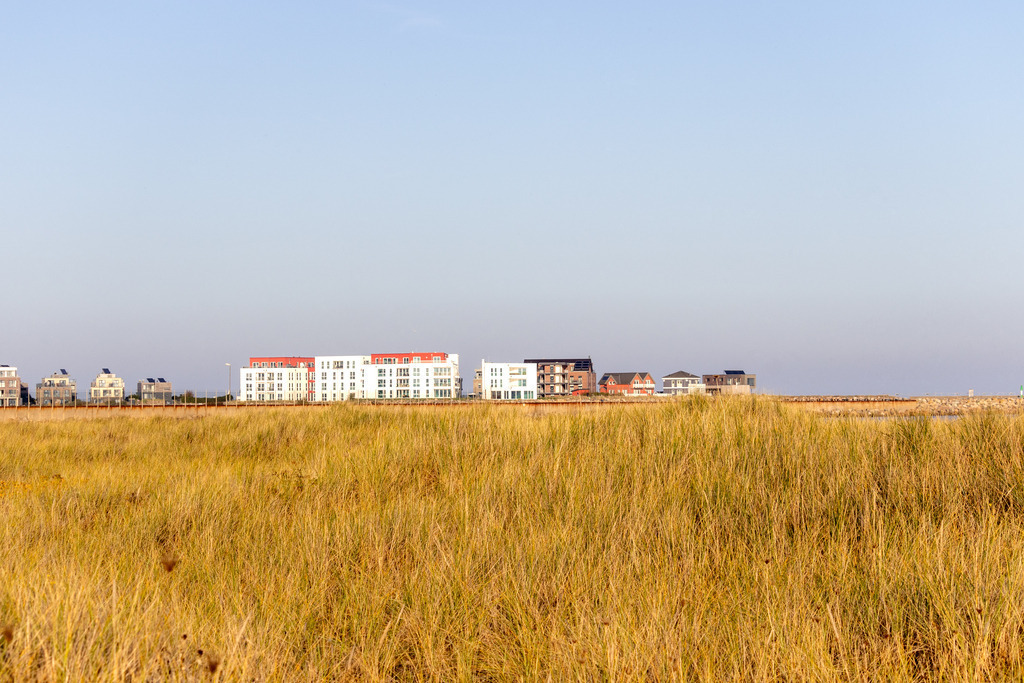 Wandbild: Strandhafer mit Blick in Richtung Olpenitz | Erleben Sie die natürliche Schönheit des Weidefelder Strandes mit diesem beeindruckenden Wandbild im Querformat. Der Strandhafer wiegt sanft im Wind, während in der Ferne das Feriengebiet von Olpenitz sichtbar ist. Perfekt für eine ruhige und friedliche Atmosphäre in jedem Raum. - Realisiert mit Pictrs.com