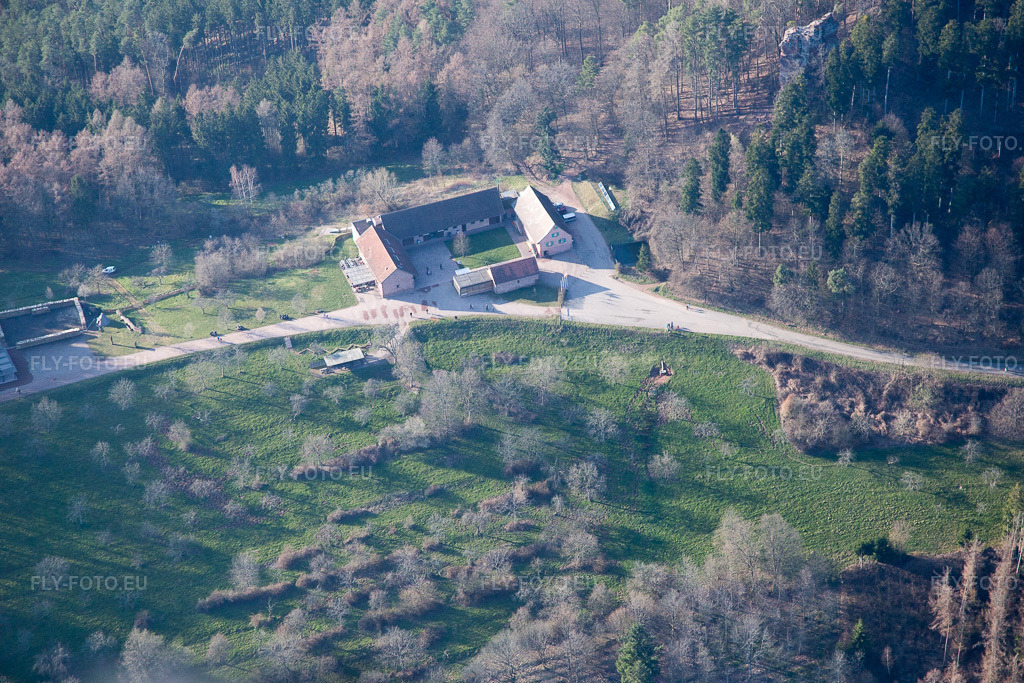 Vue aérienne: Gimbelhof à Wingen dans le département Bas Rhin, France. Photo: IMG_086700.jpg prise le 26/03/2016 par Werner Riehm/FLY-FOTO.euRésolution de l'original: 5179 x 3453 px