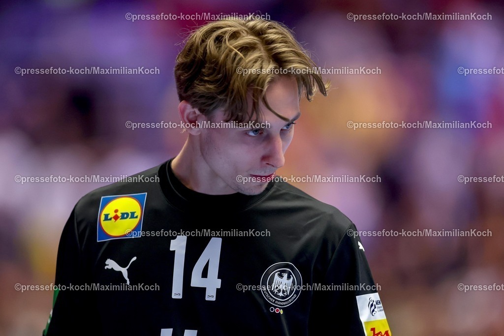 EHF19012602187 | 19.01.2026, Handball, Men's EHF EURO 2026, Deutschland - Spanien, Jyske Bank Boxen in Herning, Dänemark, Preliminary Round:  Mathis Häseler (Germany #14) 