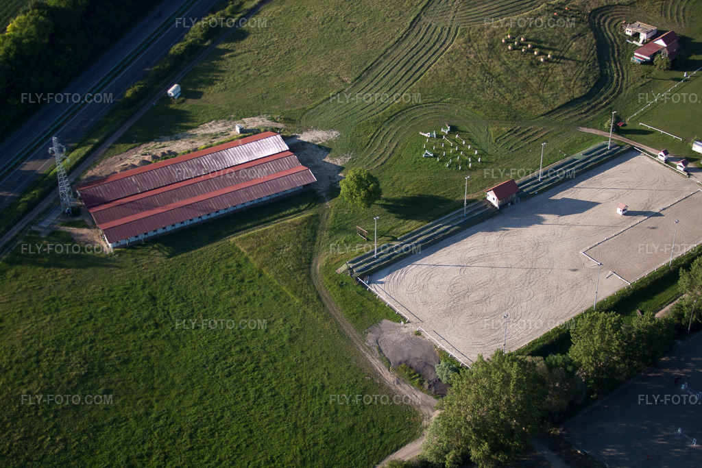 Aerial view: Haras de la Née in Neewiller-près-Lauterbourg in the state Bas-Rhin, France.Photo: IMG_66613.jpg taken on 06/05/2014 by Werner Riehm/FLY-FOTO.comResolution of the original: 4752 x 3168 px
